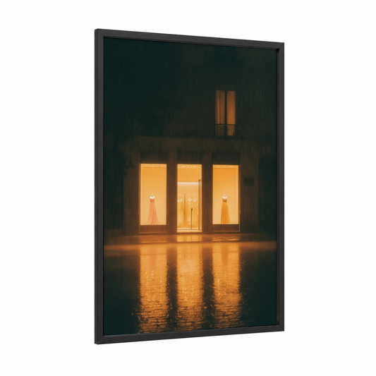 Illuminated Storefront framed art print — black wood frame — gold and dark blue palette