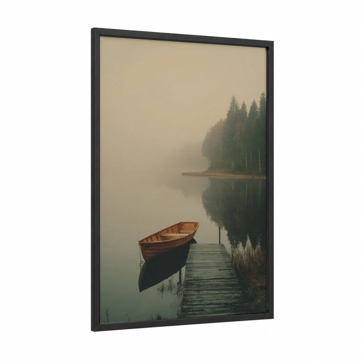 Misty Lake Boat framed lakes print — black wood frame — beige and sage green palette