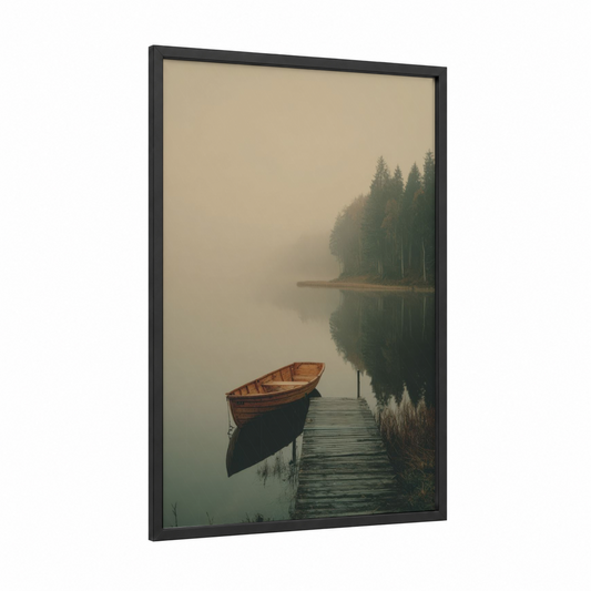 Misty Lake Boat framed lakes print — black wood frame — beige and sage green palette