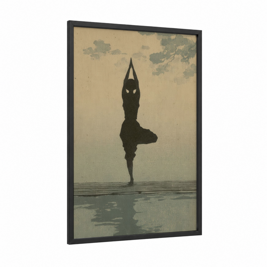 Silhouette Yoga Pose framed art print — black wood frame — black and white and beige palette
