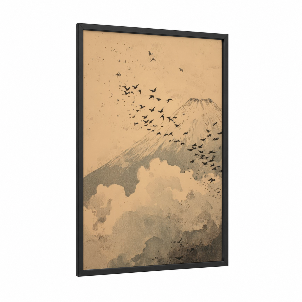 Fuji Migration framed mount fuji print — black wood frame — cream and dove gray palette