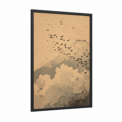 Fuji Migration framed mount fuji print — black wood frame — cream and dove gray palette