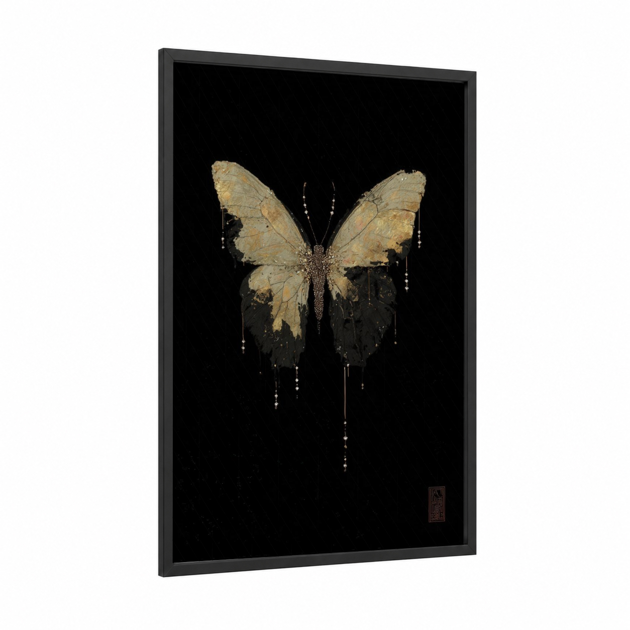 Golden Butterfly Elegance framed art print — black wood frame — gold and black palette