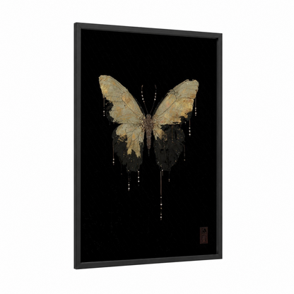 Golden Butterfly Elegance framed art print — black wood frame — gold and black palette