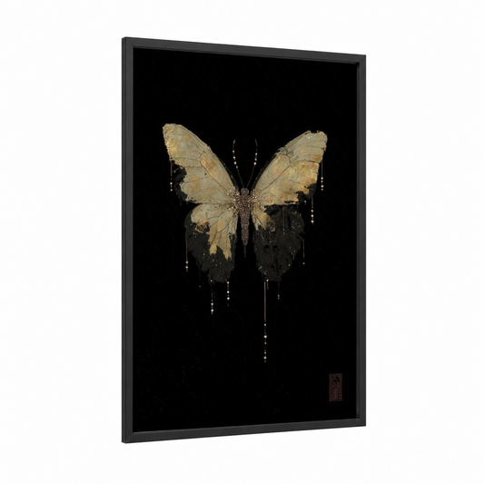 Golden Butterfly Elegance framed art print — black wood frame — gold and black palette
