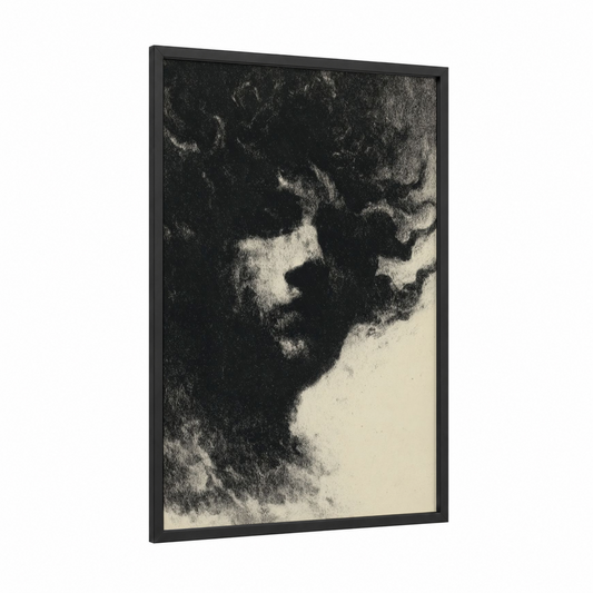 Shadowed Medusa framed art print — black wood frame — black and white and gray palette