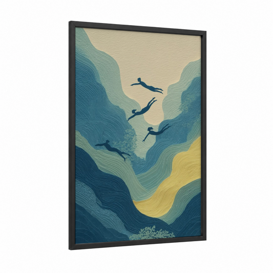 Synchronized Swimmers framed synchronized swimming print — black wood frame — blue and cream palette