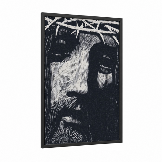 Crown of Thorns framed jesus christ print — black wood frame — black and white palette
