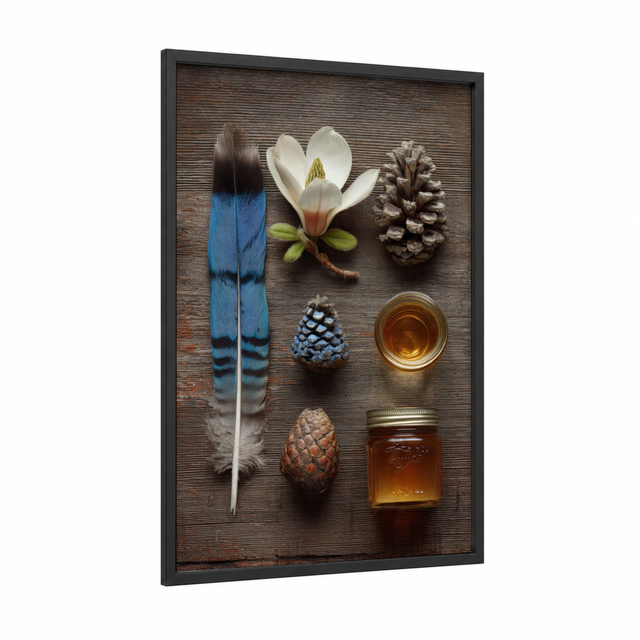 Botanical Cherry Blossom framed cherry blossoms print — black wood frame — white and brown palette