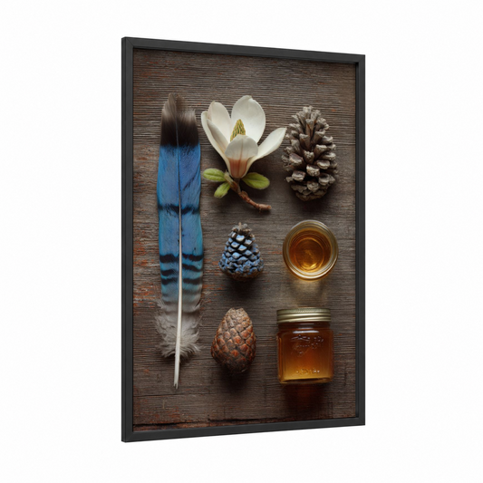 Botanical Cherry Blossom framed cherry blossoms print — black wood frame — white and brown palette