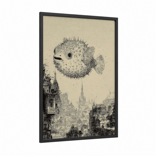 Steampunk Puffer Fish framed art print — black wood frame — black and white and cream palette