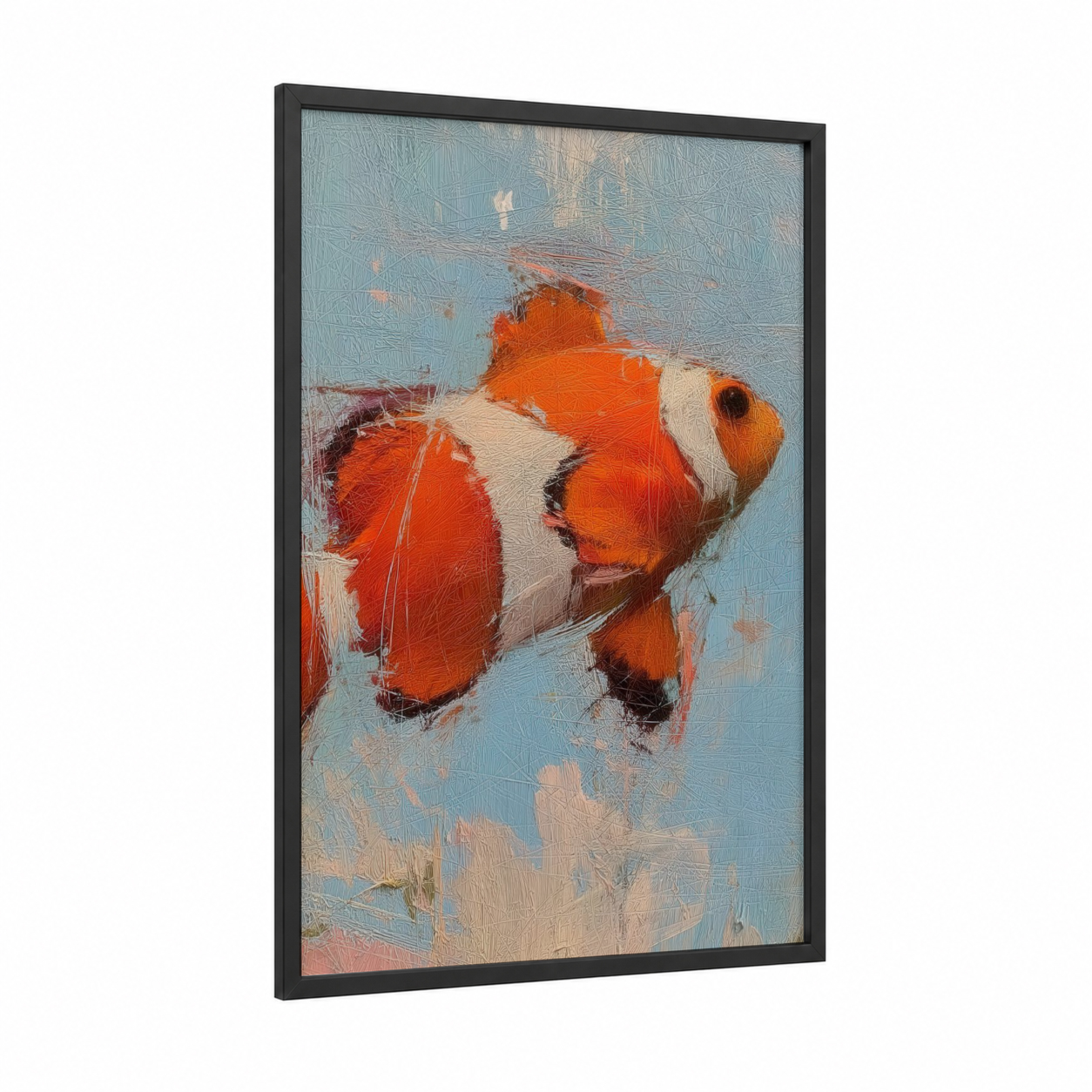 Vibrant Clownfish framed clown fish print — black wood frame — orange and blue palette
