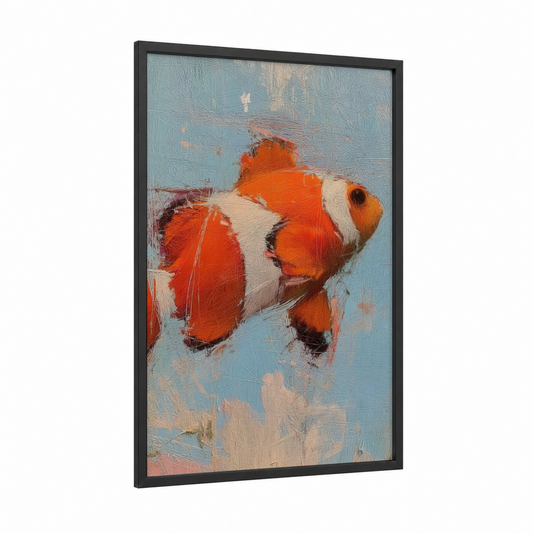 Vibrant Clownfish framed clown fish print — black wood frame — orange and blue palette
