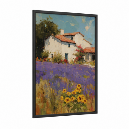 Lavender Cottage framed house print — black wood frame — blue and gold palette