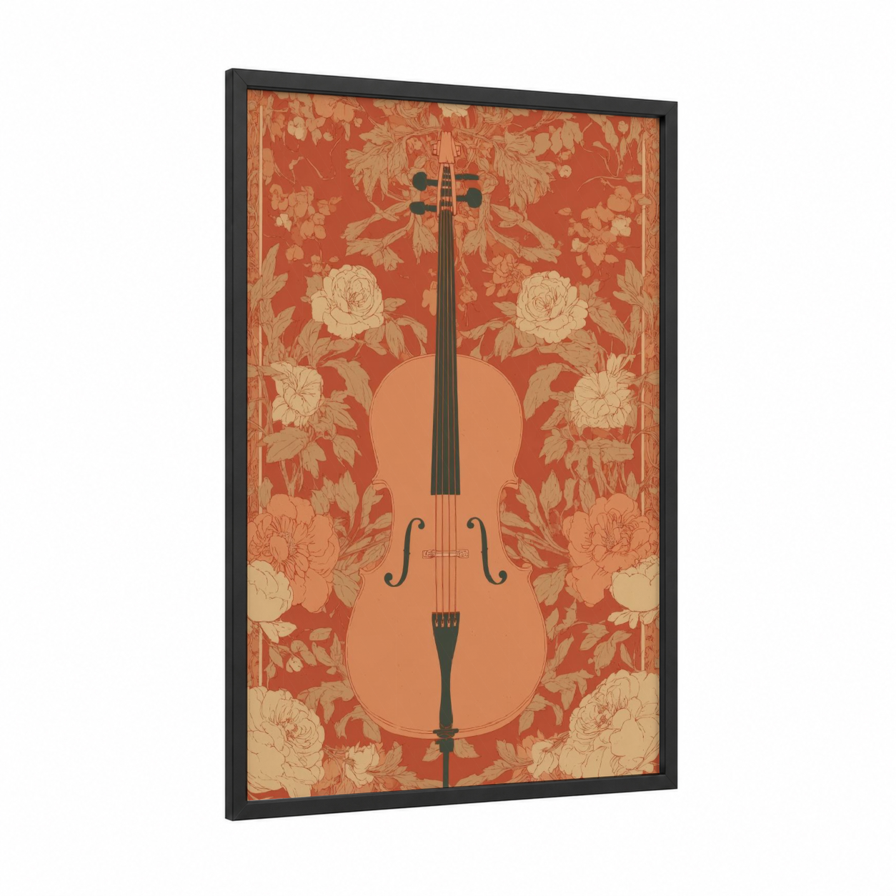 Floral Cello framed art print — black wood frame — pumpkin and cream palette