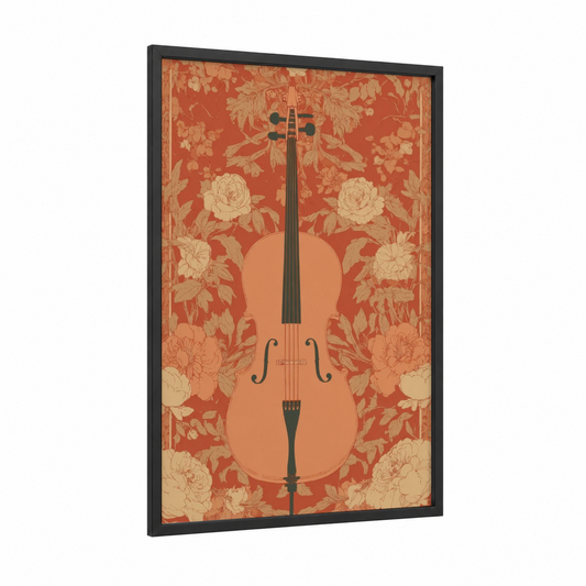 Floral Cello framed art print — black wood frame — pumpkin and cream palette