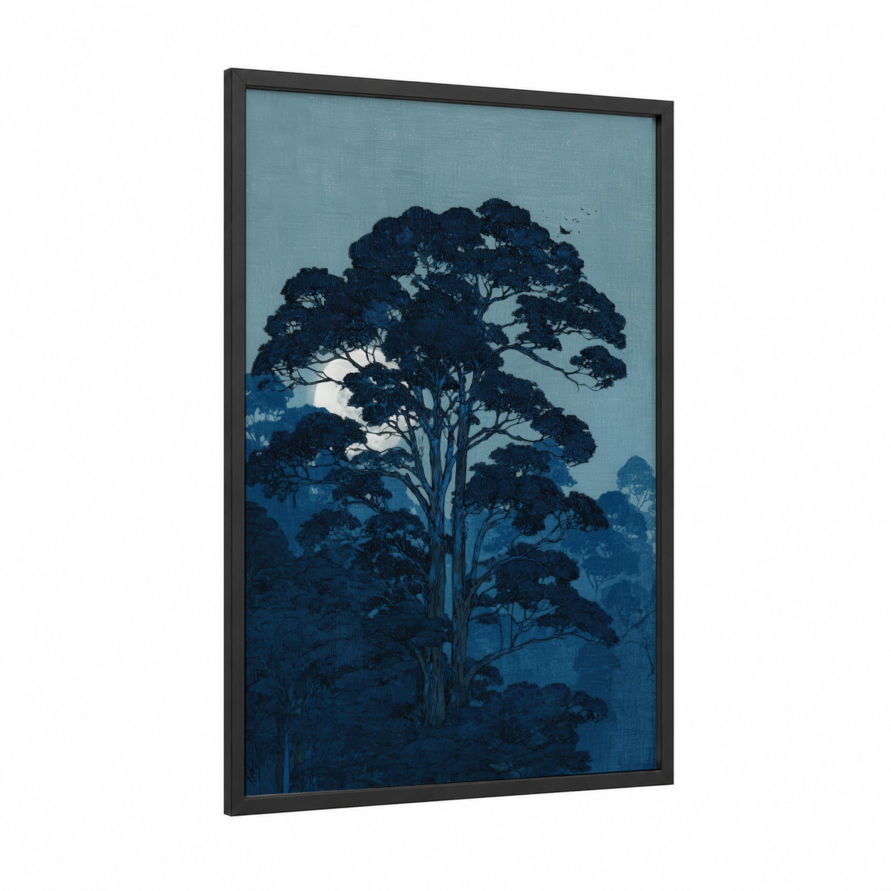 Misty Kauri Tree framed art print — black wood frame — blue and dark blue palette