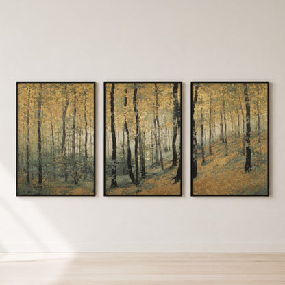 Golden Birch Forest Triptych Wall Art Set — set hero