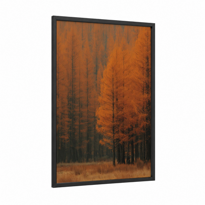 Autumn Forest Mist framed forest trees print — black wood frame — russet and gold palette