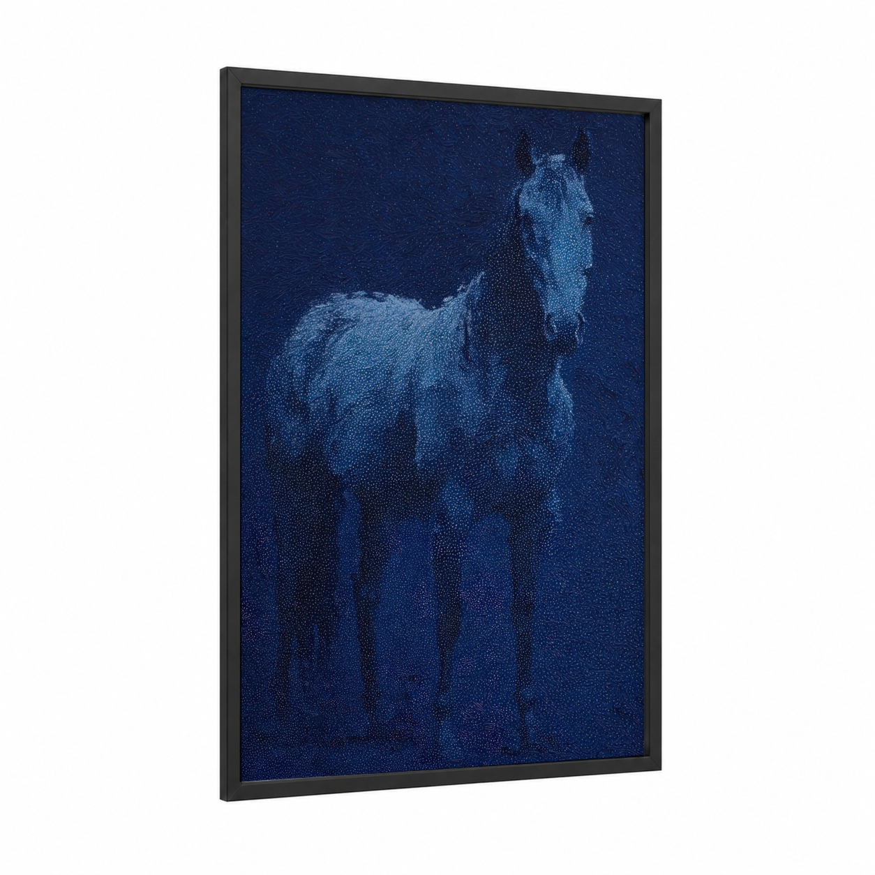 Starlit Quarter Horse framed art print — black wood frame — dark blue and blue palette