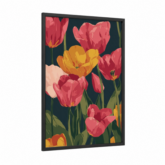 Vibrant Tulip Garden framed art print — black wood frame — pink and gold palette