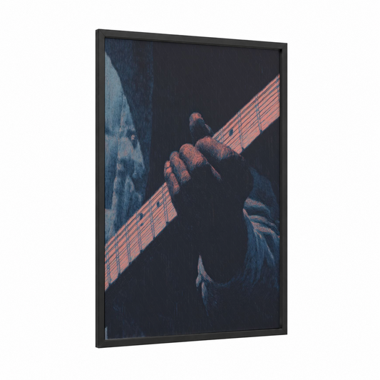 Guitar Blues framed art print — black wood frame — dark blue and salmon pink palette