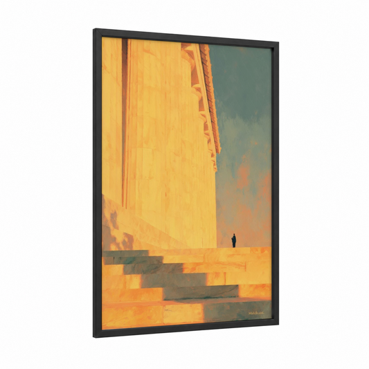 Golden Monument framed lincoln memorial print — black wood frame — yellow gold and teal palette