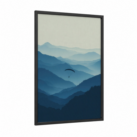 Alpine Paragliding framed art print — black wood frame — blue and white palette