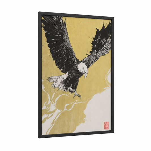 Golden Eagle Descent framed art print — black wood frame — yellow gold and black palette