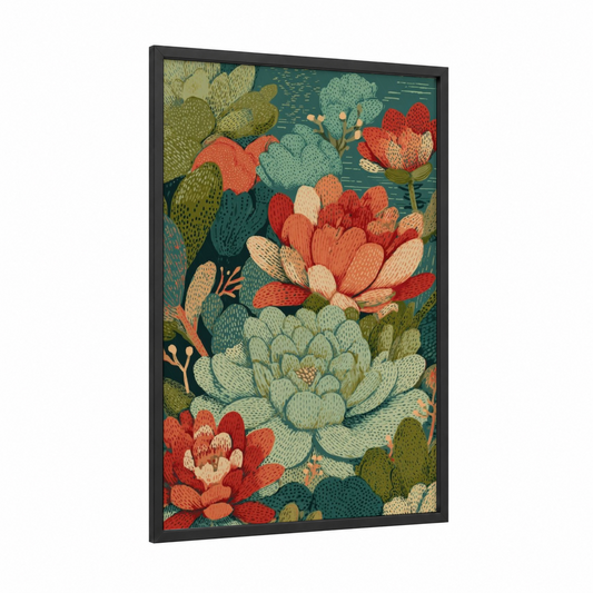 Desert Bloom Succulents framed art print — black wood frame — sage green palette