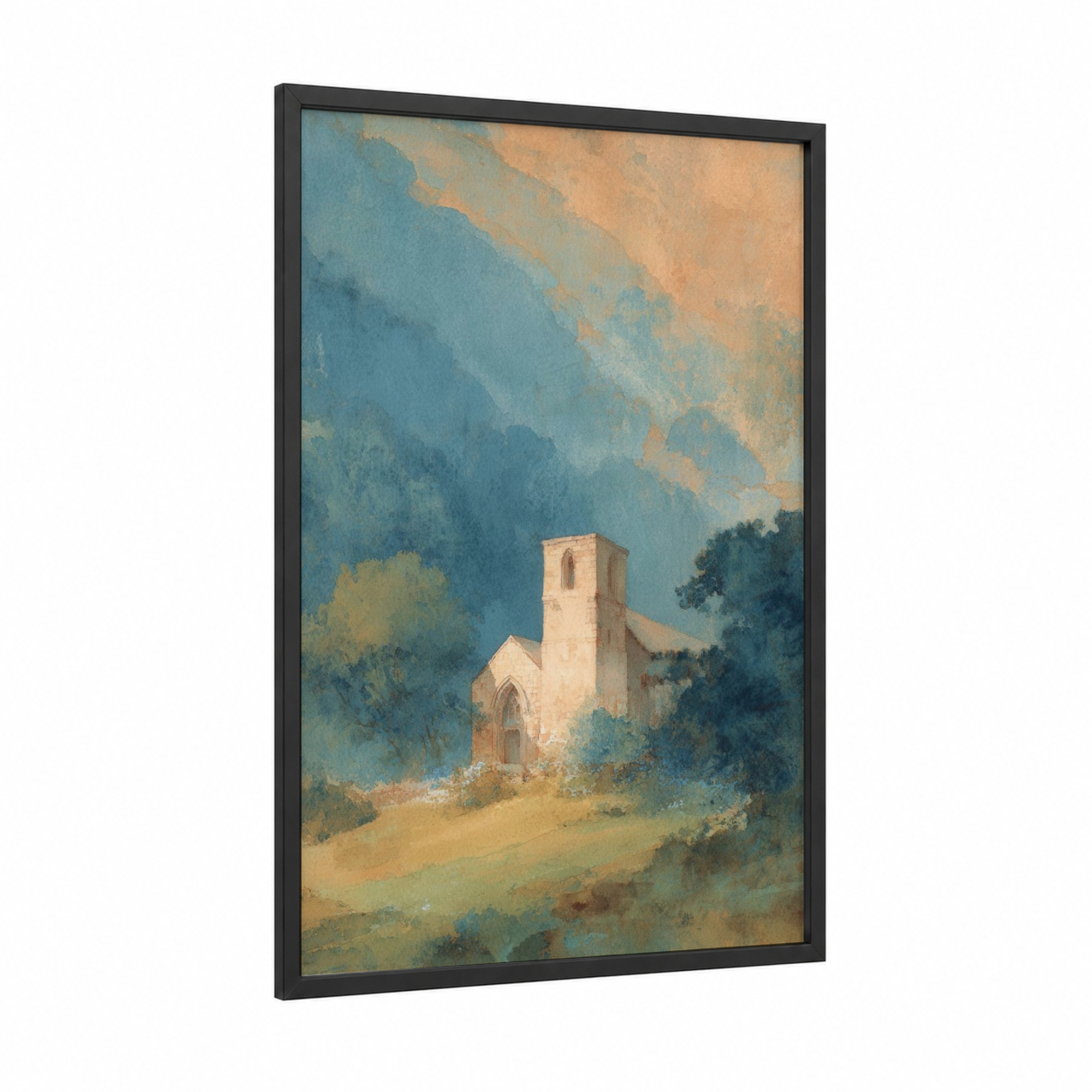 Misty Chapel framed churches and chapels print — black wood frame — blue and cream palette