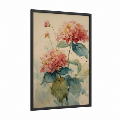 Blushing Hydrangea framed art print — black wood frame — pink and teal palette