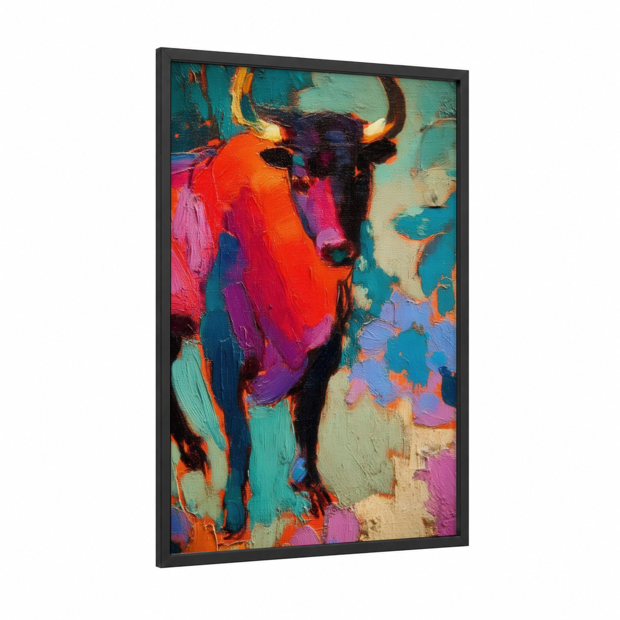 Vibrant Bull Portrait framed art print — black wood frame — magenta and teal palette