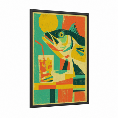 Golden Snook framed art print — black wood frame — yellow gold and teal palette