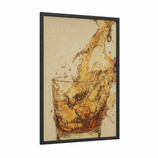 Golden Whiskey Splash framed art print — black wood frame — gold and cream palette
