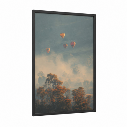 Misty Sunrise Balloons framed hot air baloon print — black wood frame — peach and dove gray palette