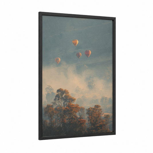 Misty Sunrise Balloons framed hot air baloon print — black wood frame — peach and dove gray palette