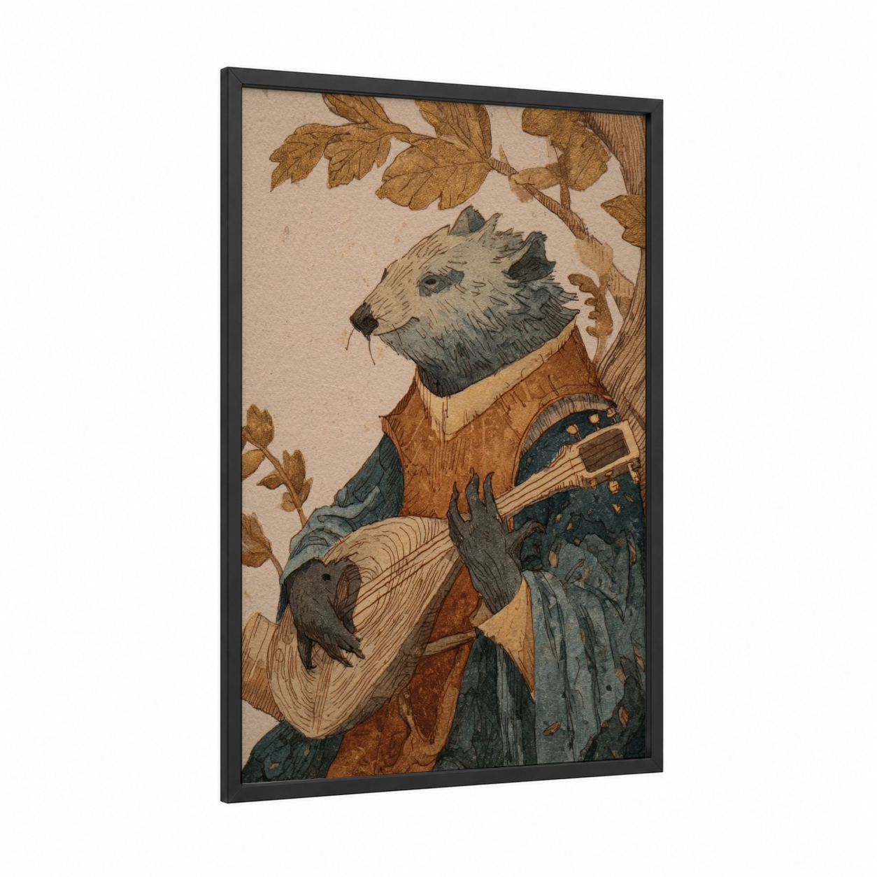 Musician Beaver framed art print — black wood frame — cream and gold palette