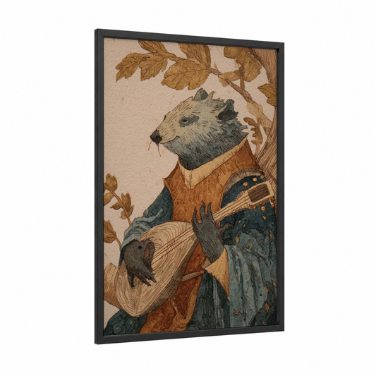 Musician Beaver framed art print — black wood frame — cream and gold palette