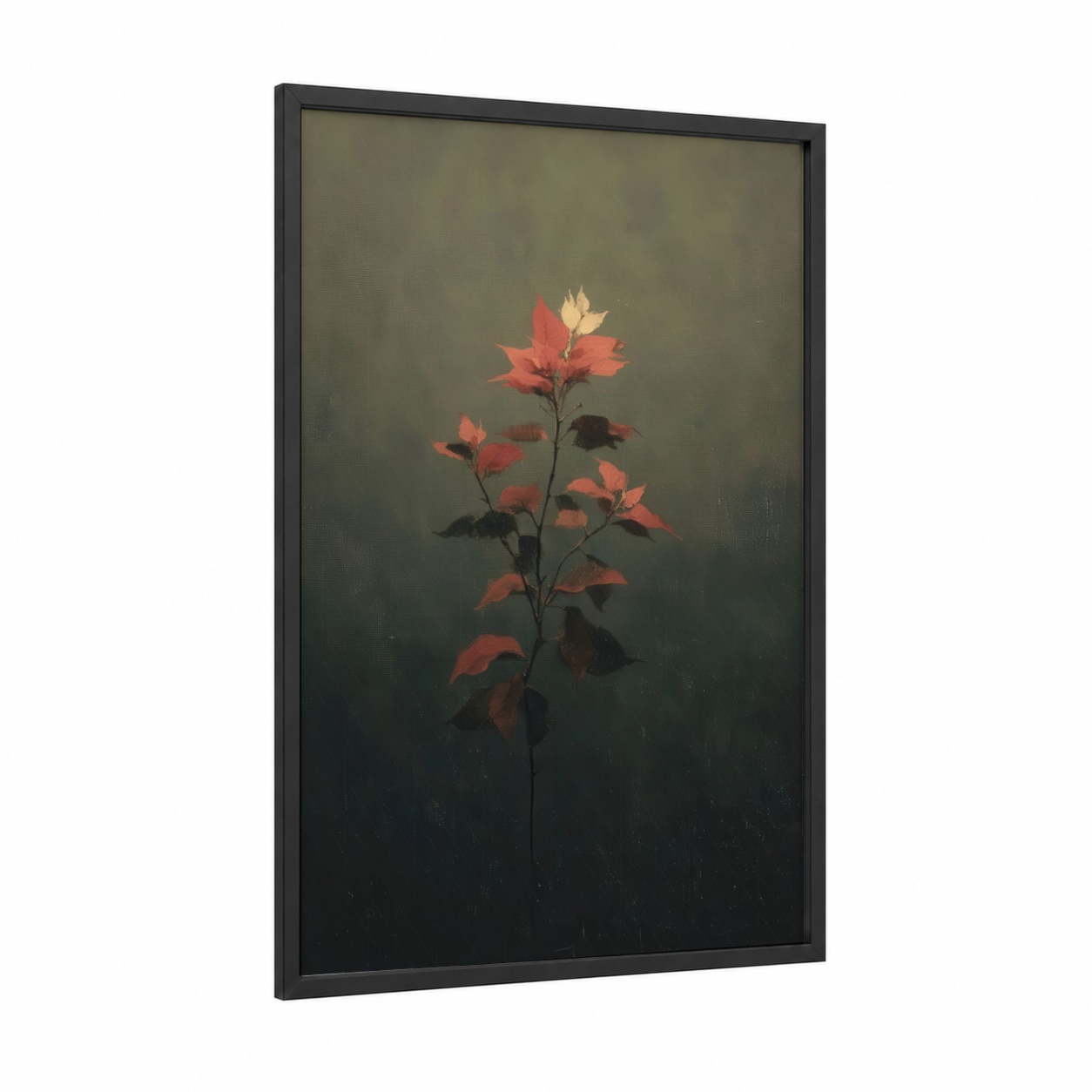 Crimson Poinsettias framed art print — black wood frame — red and gray palette
