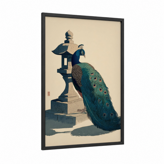 Zen Peacock framed art print — black wood frame — teal and cream palette
