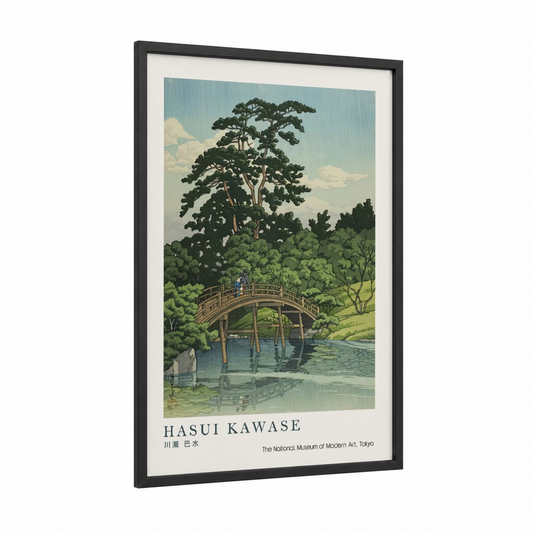 Serene River Bridge framed rivers print — black wood frame — blue and green palette