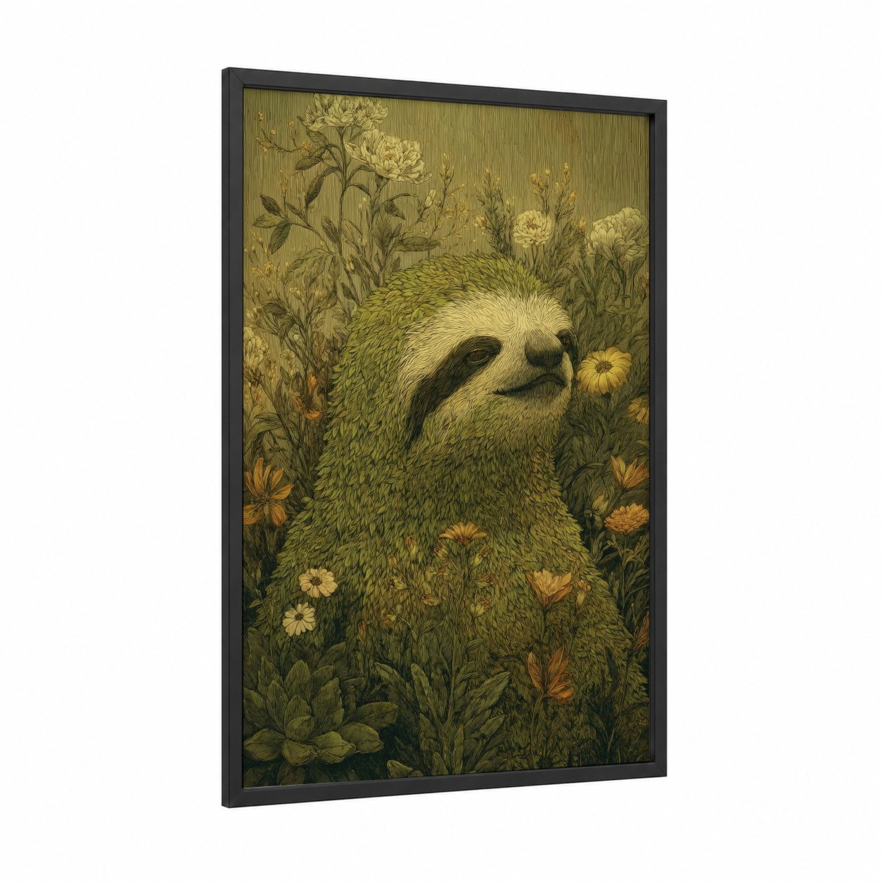 Botanical Sloth framed art print — black wood frame — yellow gold and light green palette