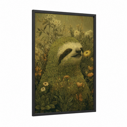Botanical Sloth framed art print — black wood frame — yellow gold and light green palette