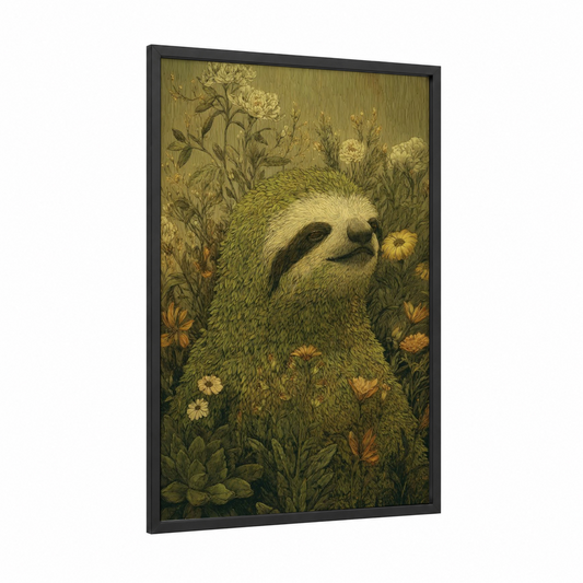 Botanical Sloth framed art print — black wood frame — yellow gold and light green palette