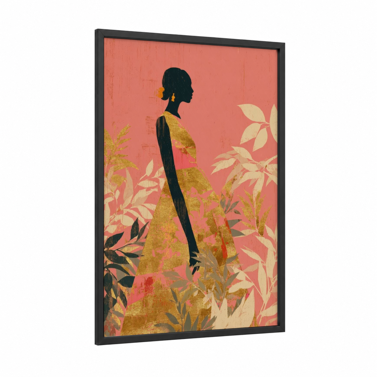 Golden Botanicals Woman framed cinco de mayo print — black wood frame — gold and orange palette