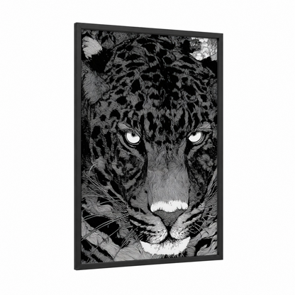 Intense Leopard framed art print — black wood frame — black and white palette