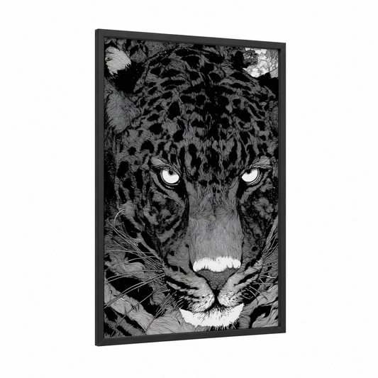 Intense Leopard framed art print — black wood frame — black and white palette