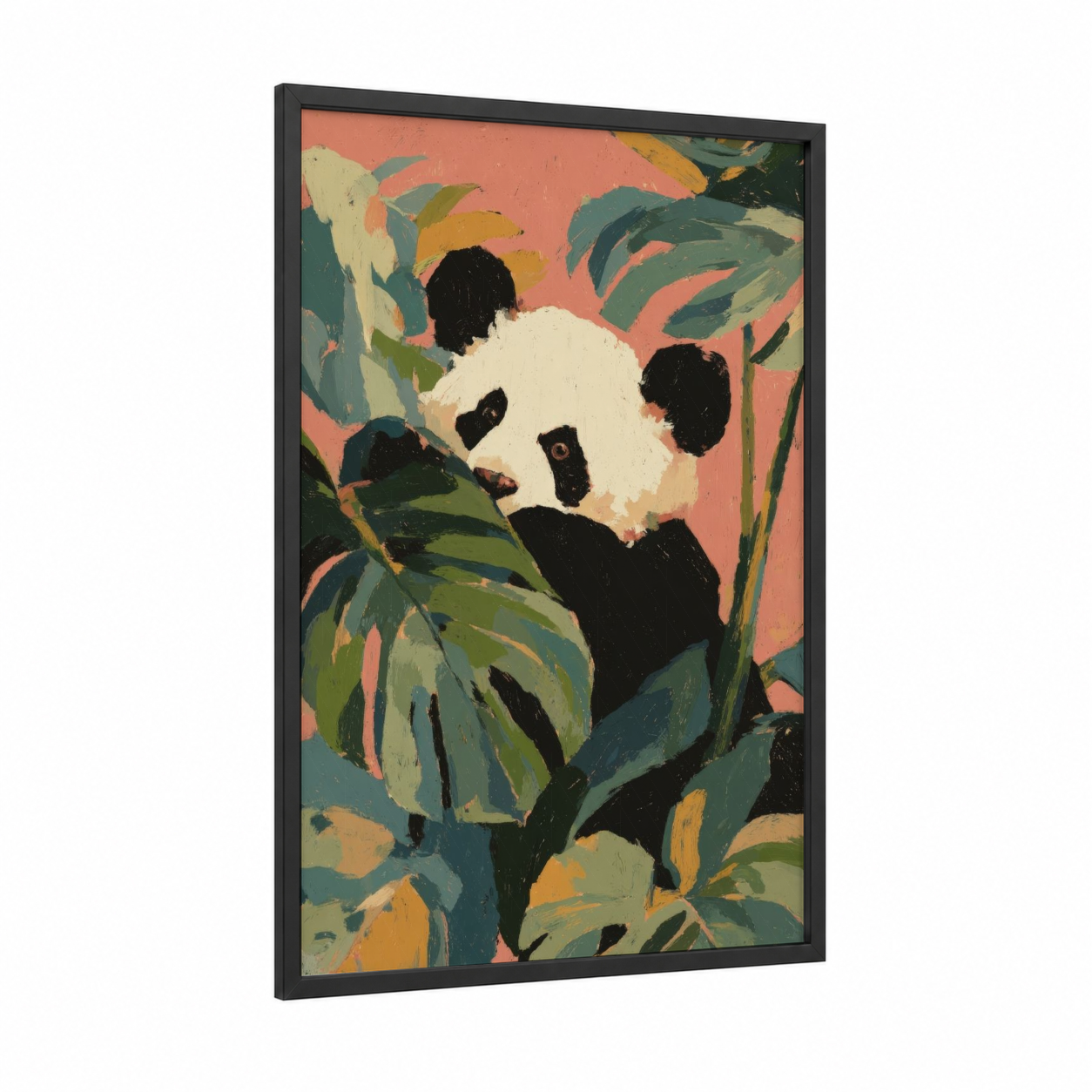 Leafy Panda framed art print — black wood frame — peach and sage green palette