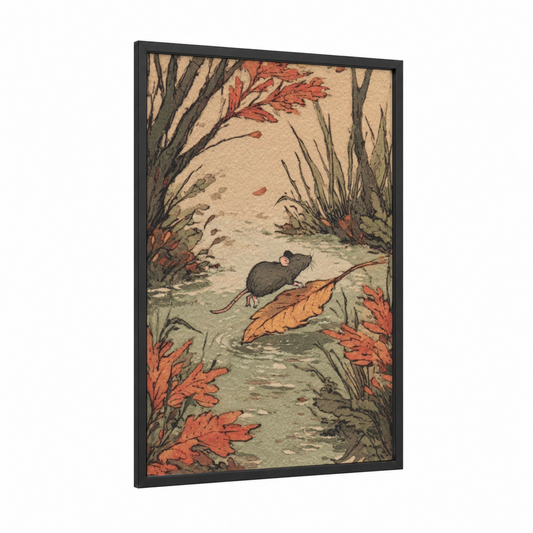 Autumn Mouse framed mice print — black wood frame — sage green and russet palette
